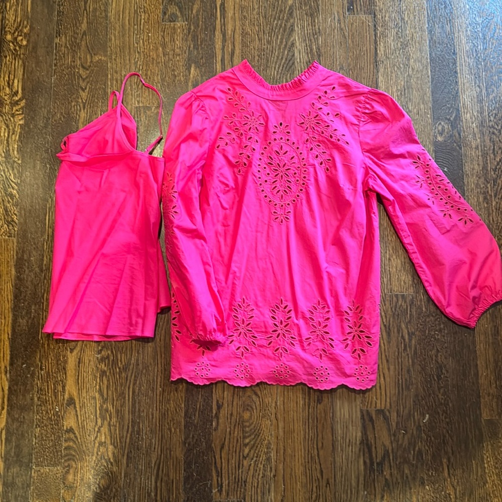 J. Crew Hot Pink Blouse with Eyelet Detail and Matching Cami XS with ruffle neck